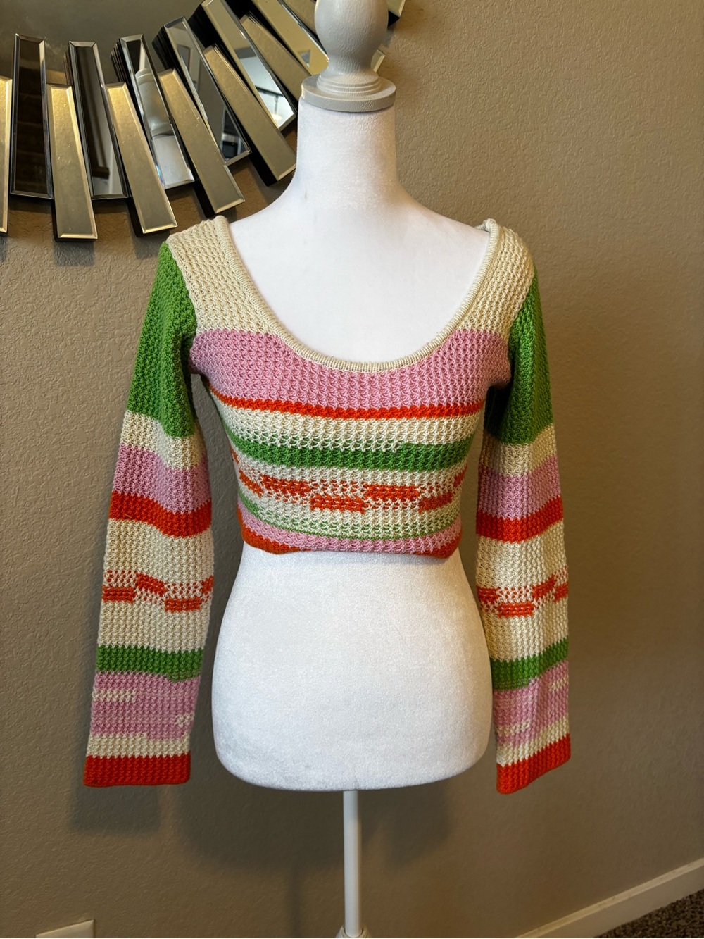 Striped Off-Shoulder Cropped Sweater in Pink, Green & Cream